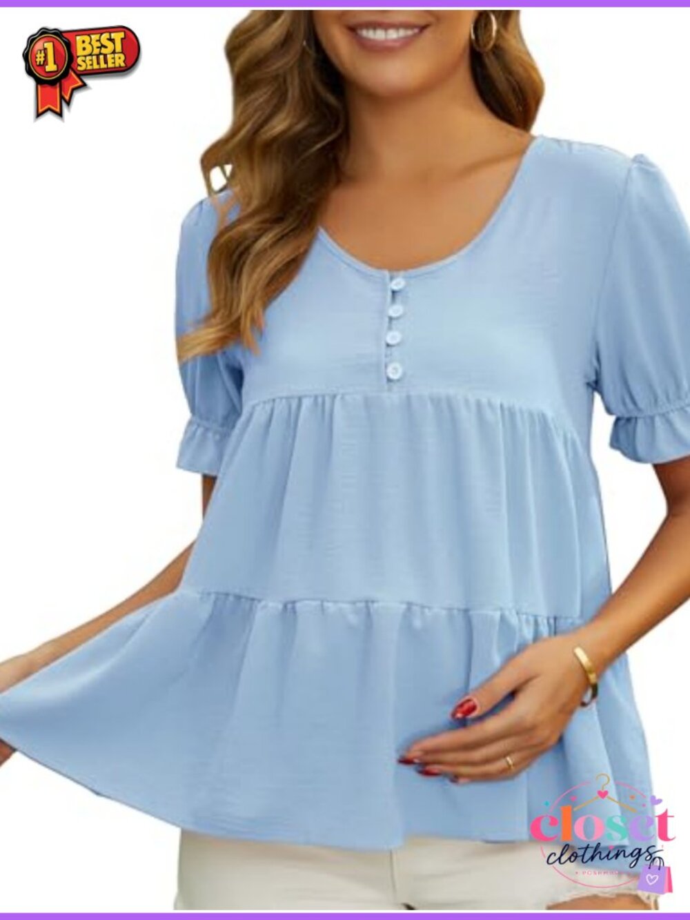 Maternity Work Top Ruffle Short Sleeve Flowy Tiered Blouse